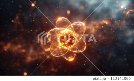 Atomic dance: subatomic realm, electrons, neutrons, and protons orbit a fixed nucleus in a model empty space within atoms, showcasing set, predictable paths in the intricate world of particle physics Atomic dance: subatomic realm, electrons, neutrons, and protons orbit a fixed nucleus in a model empty space within atoms, showcasing set, predictable paths in the intricate world of particle physics 113141060