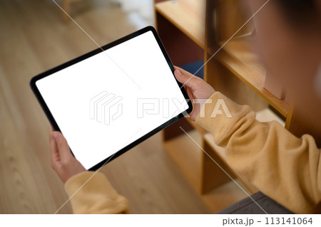 Female hands holding digital tablet with empty display sitting on couch in living room 113141064