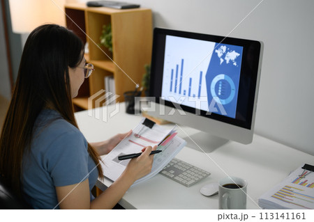 Young female entrepreneur working at home with graphs, charts on computer screen 113141161