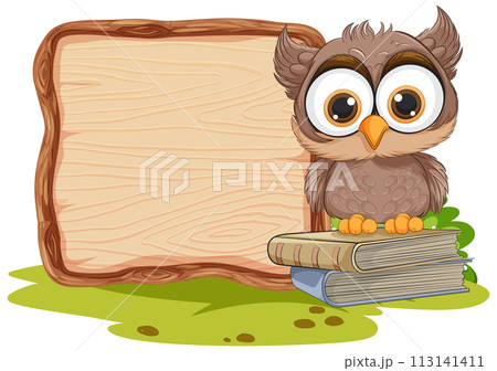 Wise Owl with Blank Wooden Sign Wise Owl with Blank Wooden Sign 113141411