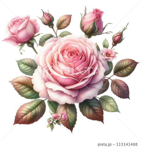 A delicate pink rose bloom in full bloom against a crisp white background 113141488