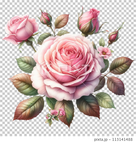 A delicate pink rose bloom in full bloom against a crisp white background 113141488