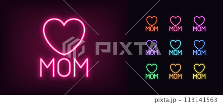 Outline neon love mom icon set. Glowing neon text Mom with heart sign. Mothers day greeting, favorite mummy, love mother, health care about mum, Mom birthday, lovely mama. Vector icon set 113141563