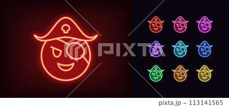 Outline neon pirate emoji icon set. Glowing neon corsair emoticon with hat and patch on eye. Cute pirate face with laugh, funny corsair emoji and captain with smile, adventure and piracy. Vector icons 113141565