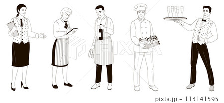 Restaurant staff smiling African American male and female characters. Manager, cook, waiter sommelier employees. Black and white outline vector illustration Restaurant staff smiling African American male and female characters. Manager, cook, waiter sommelier employees. Black and white outline vector illustration 113141595