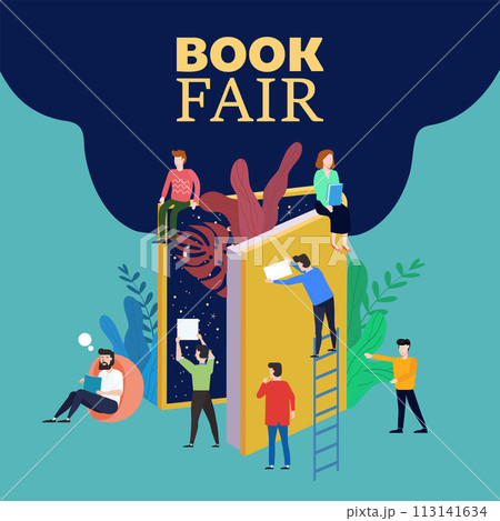 Book Fair or Festival concept, small people reading and opened huge book Book Fair or Festival concept, small people reading and opened huge book 113141634
