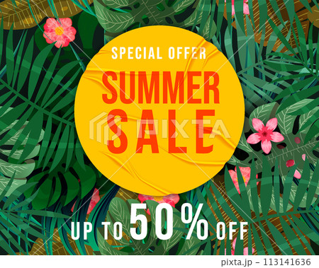 Summer Sale Template background tropical plants, flowers and leaves 113141636