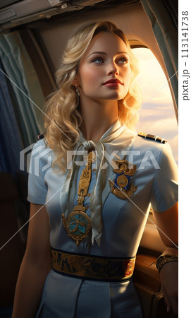 Beautiful portrait of airport worker and airplane and pilot's assistant, flight attendant, gorgeously stylish glamorous , flight stewardess . 113141738