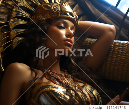 Cleopatra VII Philopator was the last queen of Hellenistic Egypt from the Macedonian Ptolemaic dynasty, Egyptian queen, beautiful portrait, grandeur elegance luxury . 113141748