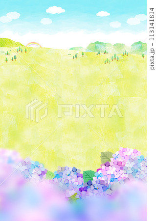 紫陽花畑と野原のある風景　背景素材 113141814
