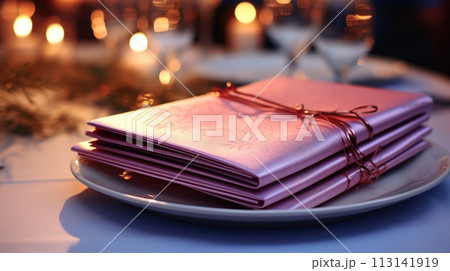 Table setting, harmonious combination of ornaments, dining for various events, wedding invitations, banquet christening, birthday parties. banner, copy space, background, text 113141919