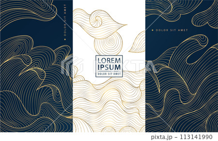 Vector set of luxury labels, wave tags in line japanese style. Elegant fancy banners, package for wine, soap, cosmetics. Golden on black covers, shapes, posters 113141990