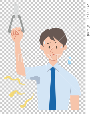 Illustration of a businessman concerned about sweat stains and odor in his armpits 113142252
