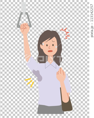 Illustration of a businesswoman noticing sweat stains under her arms 113142257