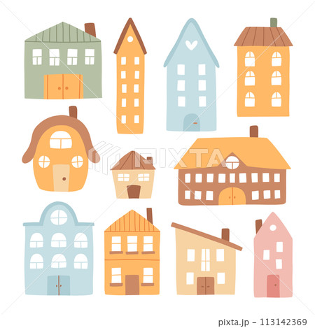 Set of houses in boho style. Vector collection of clip arts with houses in hand-drawn style. Isolated simple houses. 113142369