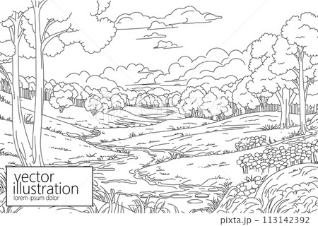 Forest with river line simple drawing background. Minimal outline art symbol hand drawn sketch. Isolated vector illustration Forest with river line simple drawing background. Minimal outline art symbol hand drawn sketch. Isolated vector illustration 113142392