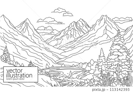 Forest with mountain line simple drawing background. Minimal outline art symbol hand drawn travel sketch. Isolated vector illustration 113142393