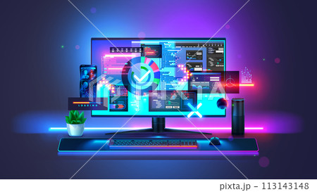 PC computer, keyboard, mouse on desk in dark room with abstract interfaces on screen. Computer technology concept. Desktop gaming computer front view on monitor with abstract API programs interface. 113143148