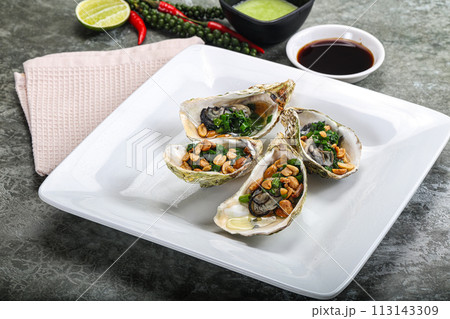 Open half oysters with green onion Open half oysters with green onion 113143309