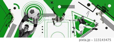 Banner. Contemporary art collage. Group of athletic men, soccer player training to kicking and catching, dribbling ball in motion. Abstract design. 113143475