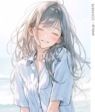 笑顔の可愛い女性イラスト「AI生成画像」のイラスト素材 [113143676 ..., 画像サイズ:379x450