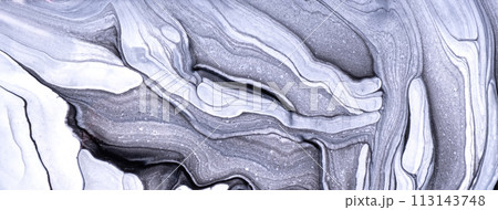 Abstract fluid art background light gray and white color. Liquid marble. Acrylic painting on canvas with black gradient. 113143748