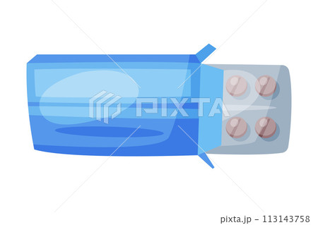 Blister Pack of Tablets in Cardboard Box, Medicine Pills, First Medical Aid Kit Element Vector Illustration on White Background 113143758