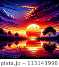 水面に沈む夕日 113143996