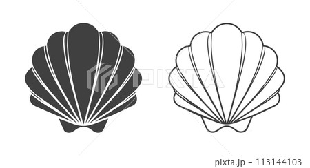 Scallop seashell logo. Isolated silhouette and contour drawing of a scallop on a white background. Vector 113144103