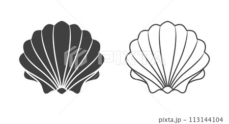 Scallop seashell logo. Isolated silhouette and contour drawing of a scallop on a white background. Vector 113144104