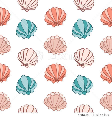 Seamless pattern from seashells. Seashells in pastel colors on a white background. Vector Seamless pattern from seashells. Seashells in pastel colors on a white background. Vector 113144105