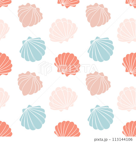Seamless pattern from seashells. Seashells in pastel colors on a white background. Vector Seamless pattern from seashells. Seashells in pastel colors on a white background. Vector 113144106