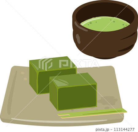 皿に盛った抹茶羊羹とお薄 113144277