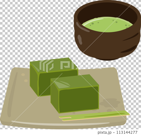 皿に盛った抹茶羊羹とお薄 113144277