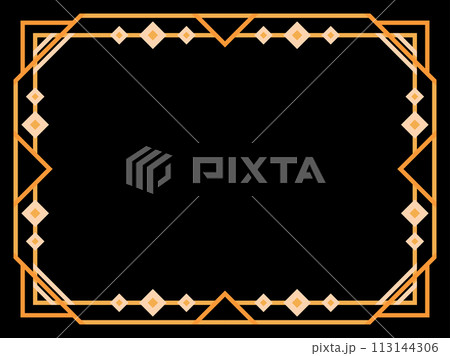 Art deco frame. Vintage linear border. Geometric frame in gold color in line art style with space for text. Design a template for invitation, leaflet and greeting card. Vector illustration Art deco frame. Vintage linear border. Geometric frame in gold color in line art style with space for text. Design a template for invitation, leaflet and greeting card. Vector illustration 113144306