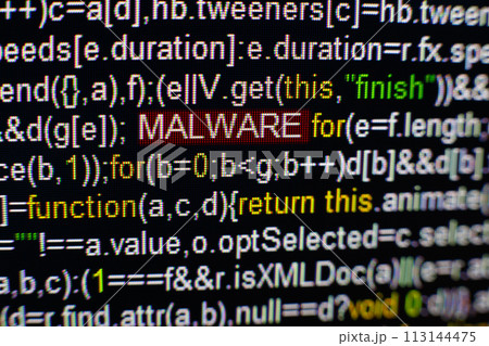 Macro photo of computer screen with program source code and highlighted MALWARE inscription in the middle. Script on the screen with virus in it. Cyber security concept. Technology background. Macro photo of computer screen with program source code and highlighted MALWARE inscription in the middle. Script on the screen with virus in it. Cyber security concept. Technology background. 113144475