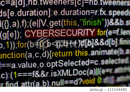 Macro photo of computer screen with program source code and highlighted CYBERSECURITY inscription in the middle. Script on the screen with virus in it. Cyber security concept. Technology background. Macro photo of computer screen with program source code and highlighted CYBERSECURITY inscription in the middle. Script on the screen with virus in it. Cyber security concept. Technology background. 113144490