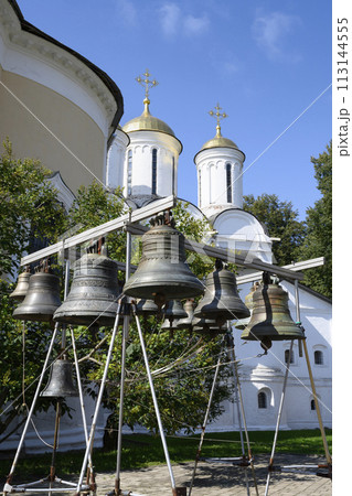Bells in courtyard of Transfiguration Monastery near Church of Resurrection of Christ in Yaroslavl Bells in courtyard of Transfiguration Monastery near Church of Resurrection of Christ in Yaroslavl 113144555