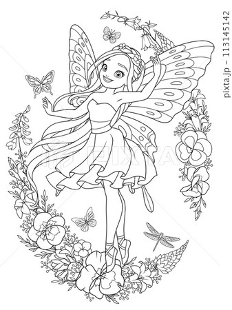 Beautiful fairy with butterfly wings surrounded with flowers. Vector coloring page. 113145142