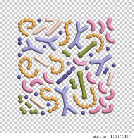 3d render Microbiome square composition. Probiotic bacteria background with lactobacillus, bifidobacteria, acidophilus. Volume simple illustration. 113145394