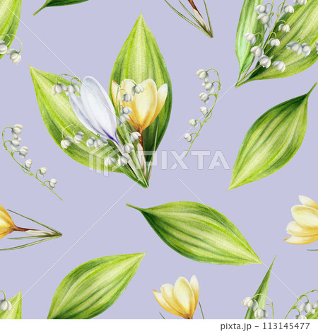 Watercolor seamless pattern with bouquet of yellow and white blooming crocus and lily of the valley flowers isolated on background. Spring and easter botanical hand painted saffron illustration. For 113145477