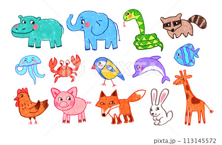 Set of child drawings of cute animals Set of child drawings of cute animals 113145572