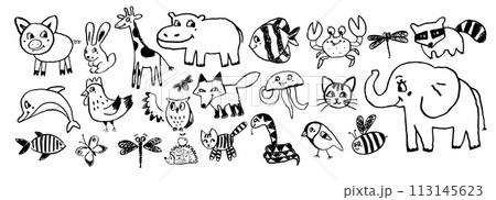 Set of child drawings of cute animals Set of child drawings of cute animals 113145623