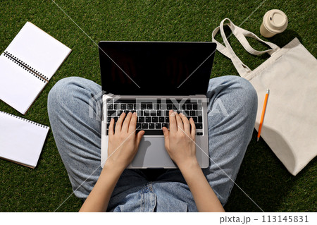 Laptop with notebooks on the grass, top view. Laptop with notebooks on the grass, top view. 113145831
