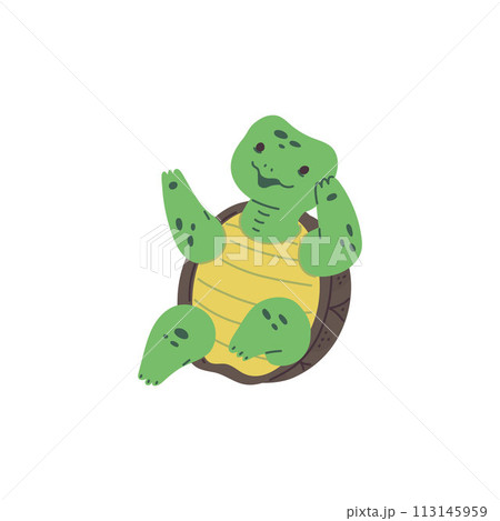 A cute cheerful spotted turtle dances while sitting on its shell vector icon on a white background 113145959