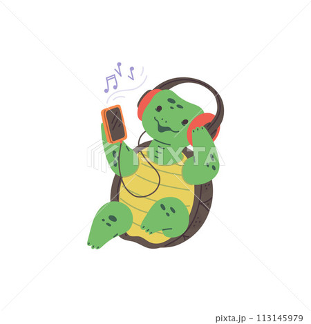 Green turtle wearing musical headphones, vector isolated on background. 113145979