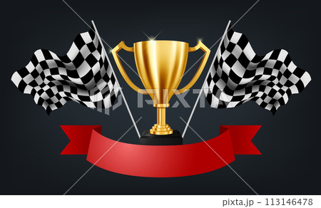 Realistic Golden Trophy with Checkered Flag Racing Championship Background and Red Ribbon, Vector Illustration Realistic Golden Trophy with Checkered Flag Racing Championship Background and Red Ribbon, Vector Illustration 113146478