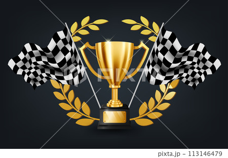 Realistic Golden Trophy with Checkered Flag Racing Championship Background and Congrats Text on Yellow Ribbon, Vector Illustration 113146479