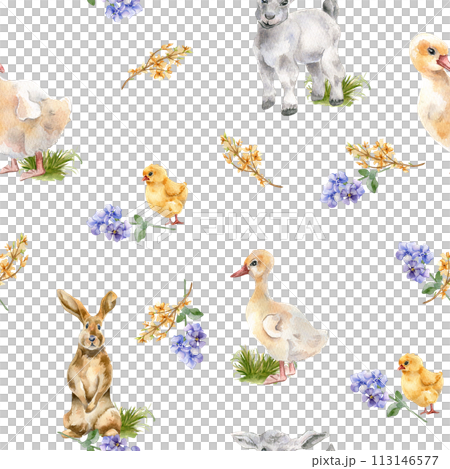 Bunny, chick and gosling watercolor Easter print. Baby animals with spring flowers seamless pattern isolated on white. Pets illustration and blue floral hand drawn. For textile, paper, backdrop 113146577