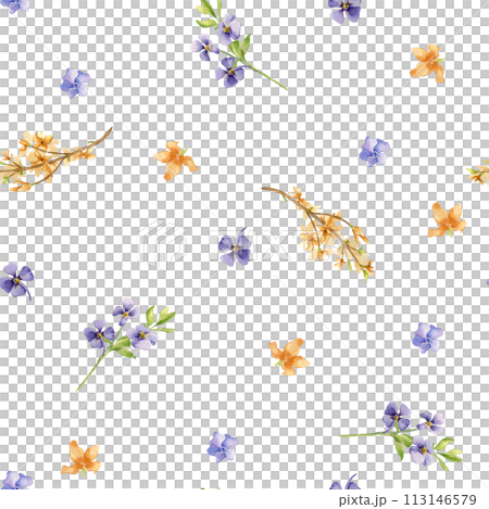 Floral seamless pattern with watercolor flowers hand drawn. Yellow blossom branches isolated on white. First spring flowers blue and yellow color. Spring flowers for Easter design, package, textile Floral seamless pattern with watercolor flowers hand drawn. Yellow blossom branches isolated on white. First spring flowers blue and yellow color. Spring flowers for Easter design, package, textile 113146579